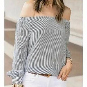 CAbi Navy Blue/White #5258 Brigitte Silk Stripped Off Shoulder Top Size SMALL